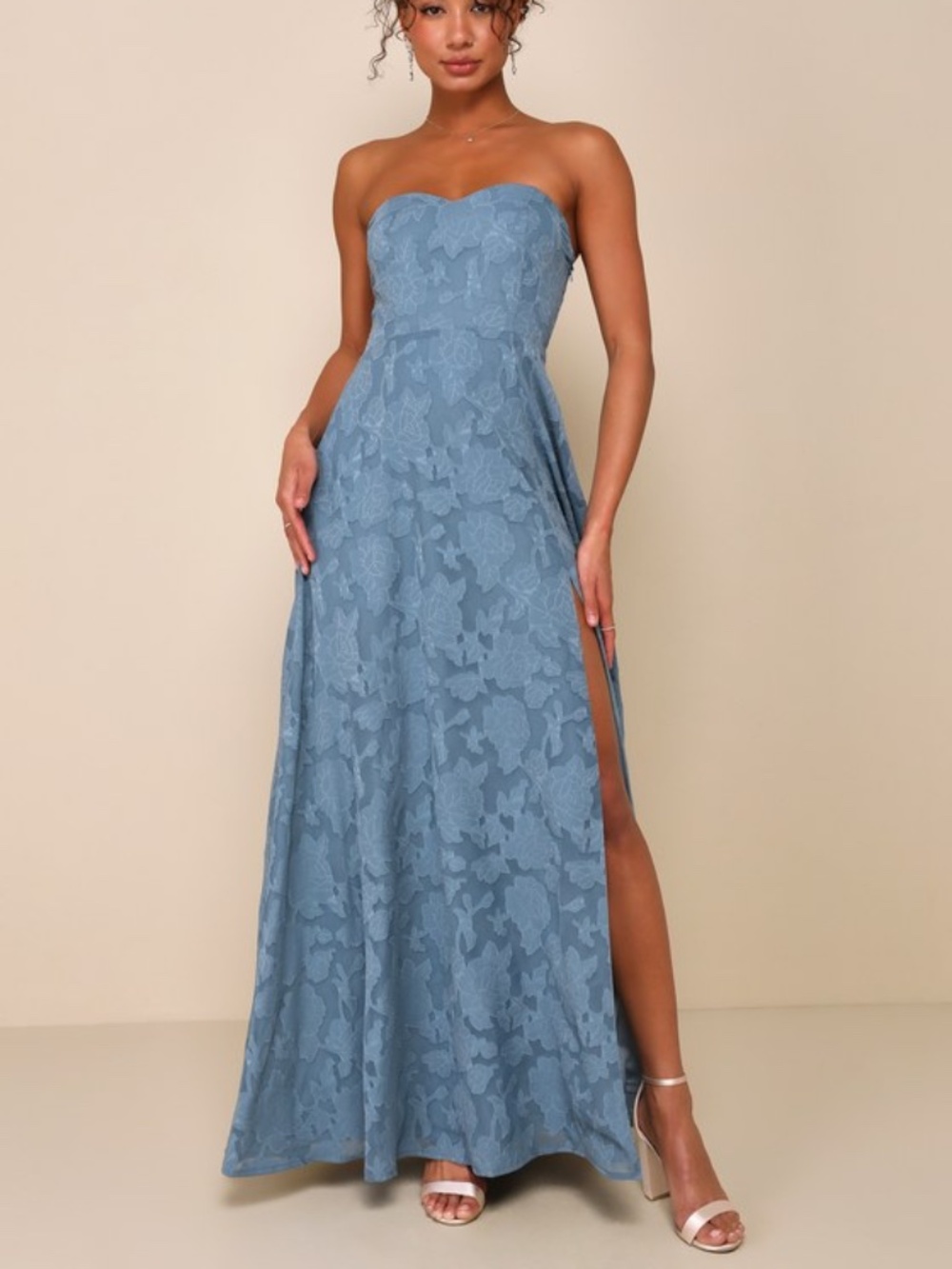 Lulus Garden Of Romance Dusty Blue Floral Burnout Strapless Maxi Dress - Size M